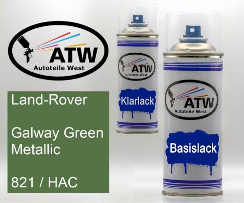 Land-Rover, Galway Green Metallic, 821 / HAC: 400ml Sprühdose + 400ml Klarlack - Set, von ATW Autoteile West.